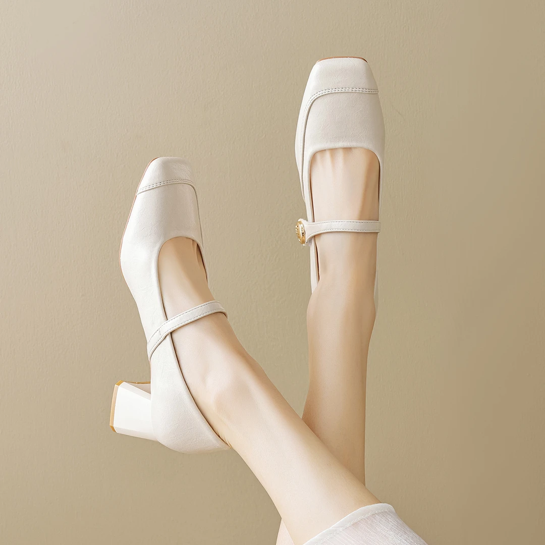 橙子家 9832法式高跟鞋女一字带浅口仙女风玛丽珍鞋粗跟女单鞋