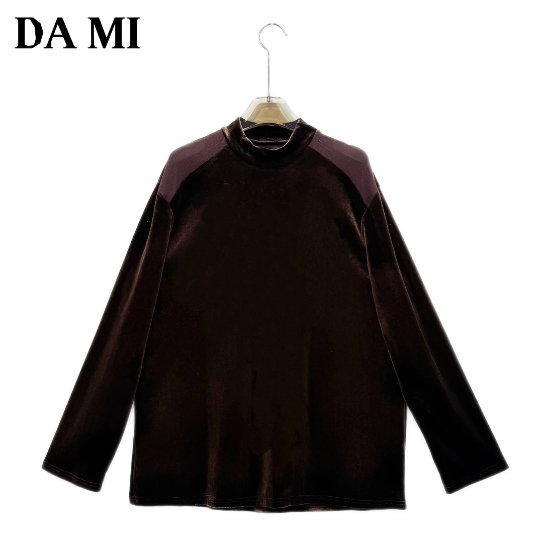 【大蜜】7178#秋季气质长袖网纱肩拼接丝绒宽松显瘦女装打底上衣