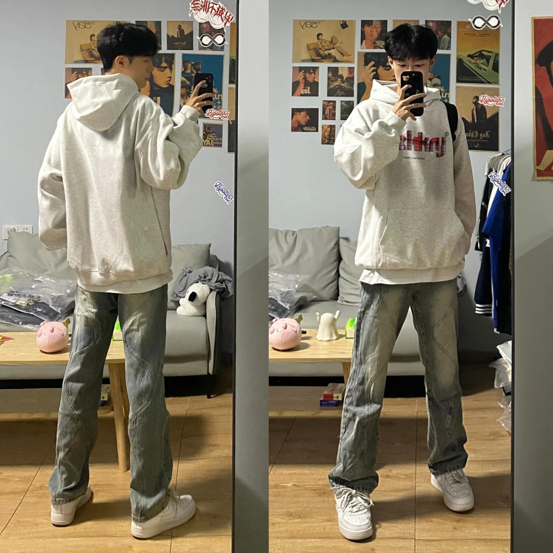 美式潮牌英文格子红印花宽松连帽卫衣男女秋冬休闲百搭情侣上衣潮