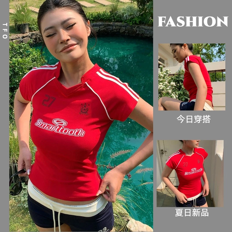 美式复古jennie同款短袖女夏季新款红色足球宝贝球衣紧身短t恤潮