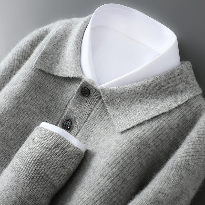 秋冬新款100纯羊毛衫男POLO领元宝针毛衣商务休闲宽松羊毛针织衫