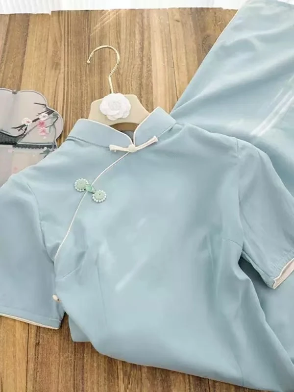 0809 天蓝色 纯色 素板 【书香】 旗袍
