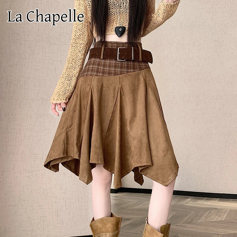 拉夏贝尔麂皮绒拼接不规则半身裙女秋冬新高腰显瘦A字裙辣妹短裙