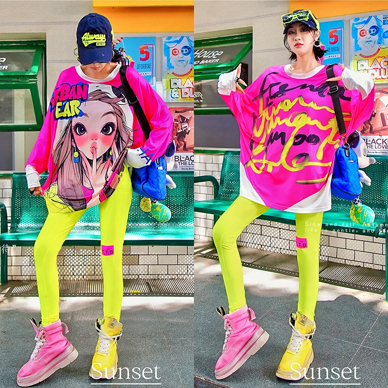 玫粉卡通女孩休闲T恤秋季新款撞色彩色字母潮牌宽松打底衫HYC434