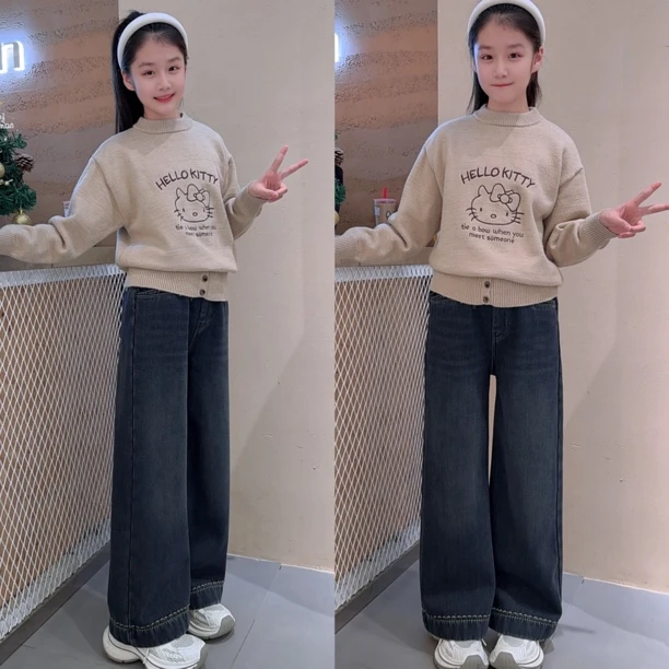 女童秋冬卡通加绒加厚圆领针织毛衣洋气短款上衣