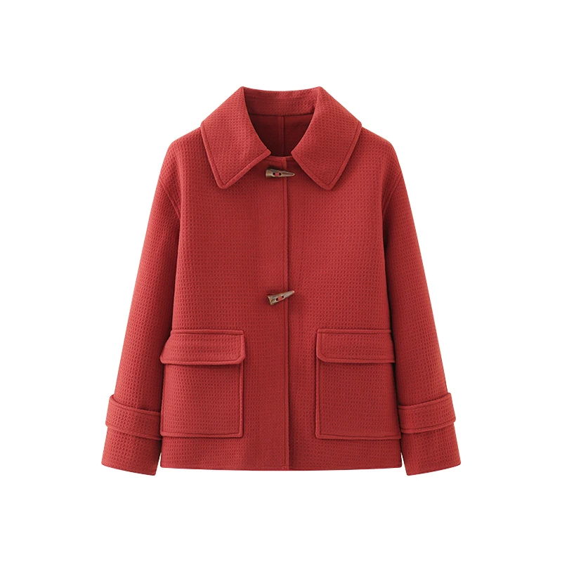 法式慵懒感~ 减龄小众 翻领牛角扣华夫格纹宽松通勤风厚款外套