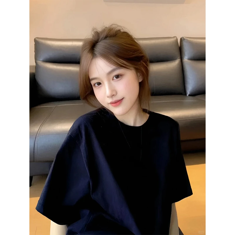 藏青色螺纹小领口重磅T恤男夏季新疆长绒棉短袖美式复古正肩半袖