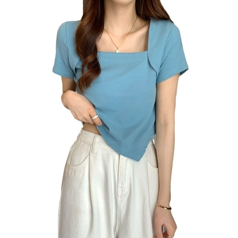 夏季T恤显瘦遮肉ins别致辣妹短款大码方领上衣潮短袖不规则肩女正