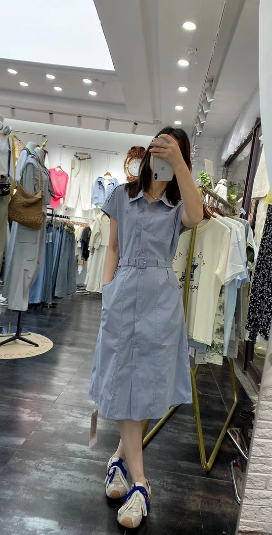 夏季新品森系淑女气质翻领中长款连衣裙显瘦裙子显高高档舒适布艺