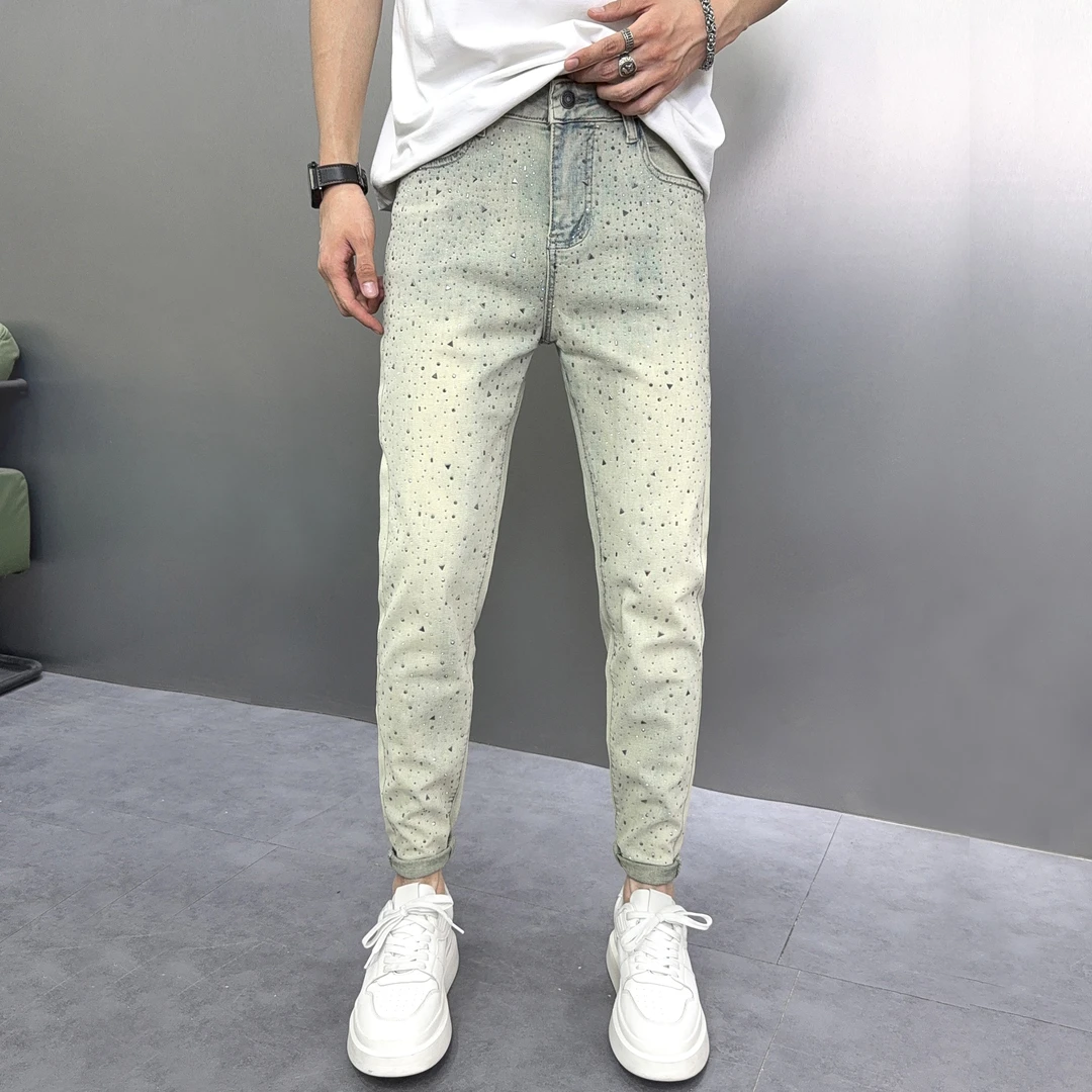 黄泥水洗烫钻牛仔裤男款爆款2025新款夏季欧货时尚弹力修身小脚裤