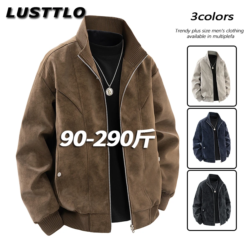 大码皮夹克男士休闲春秋款潮宽松加肥加大棒球领复古PU皮外套上衣