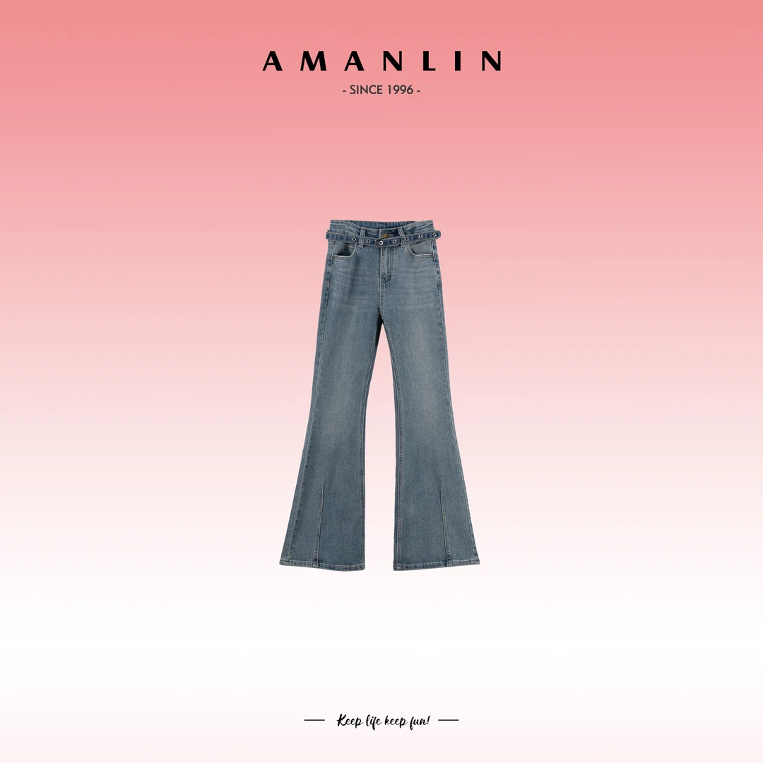 AMANLIN/阿谩琳欧若风高腰微喇叭牛仔裤开叉裤脚时尚裤Y595635
