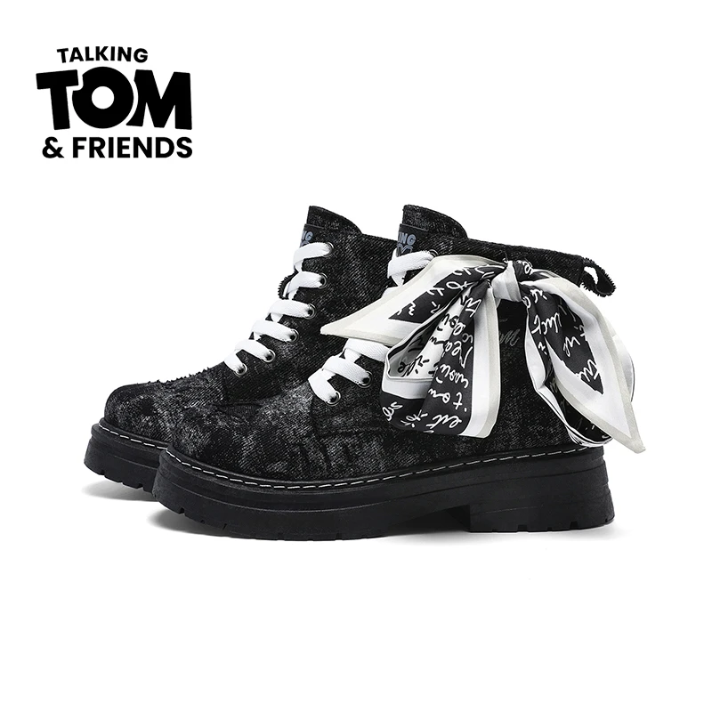 会说话的汤姆猫马丁靴女厚底春秋款英伦风小众蝴蝶结丝巾工装靴子