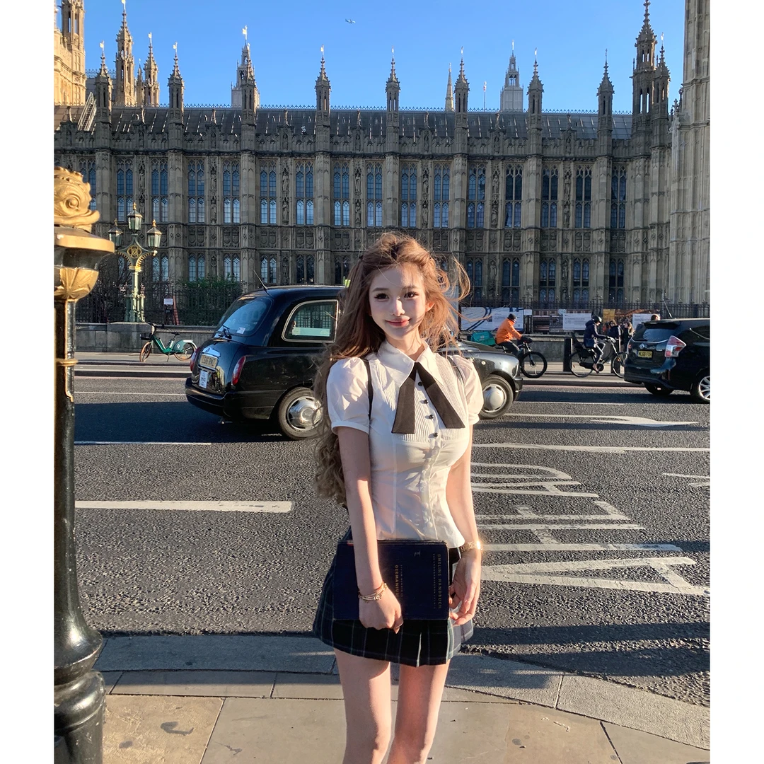 JMSHOP 英区学姐 学院风套装白色风琴褶衬衫绿色格子半裙两件套