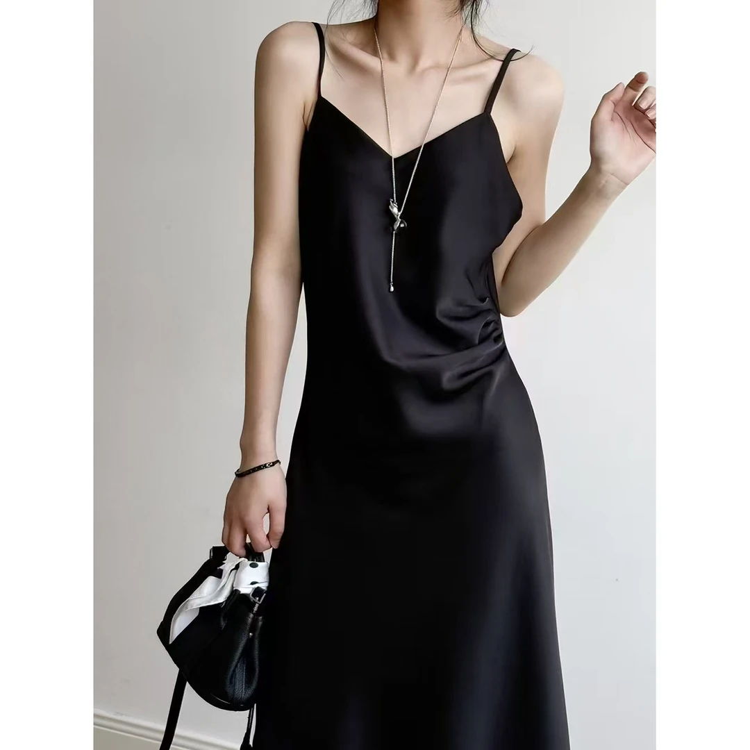 MM春夏新款缎面连衣裙褶皱收腰显瘦连衣裙505