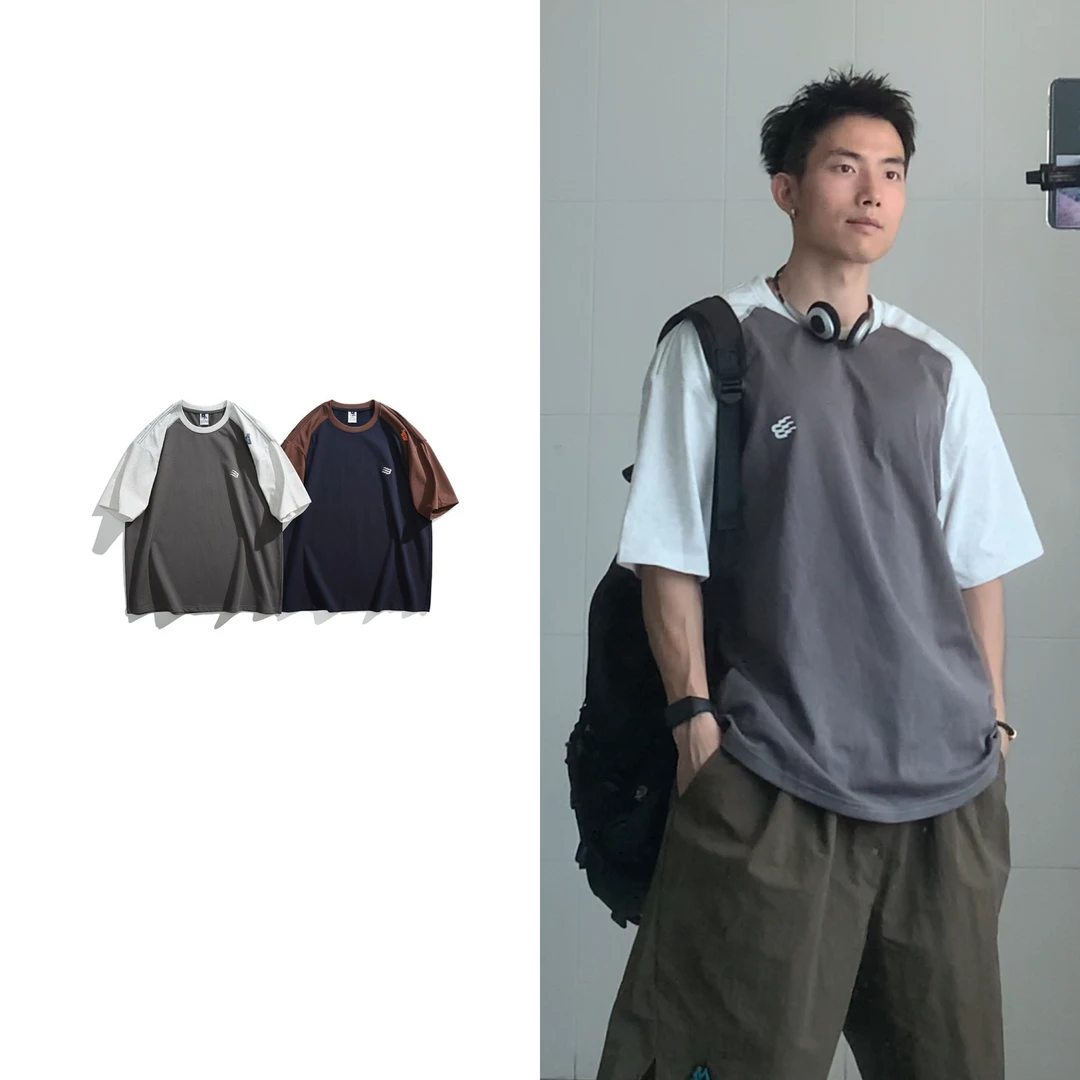 黑子舞想日系少年感插肩袖T恤男宽松拼接袖短袖圆领落肩百搭上衣