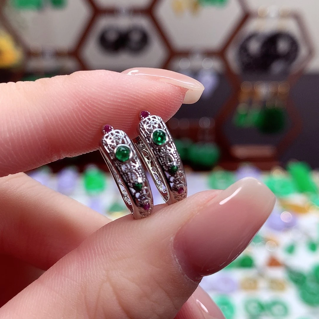 翡翠耳饰银S925镶嵌天然