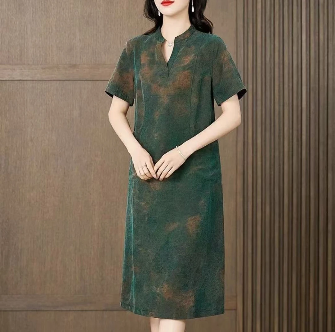 【女装连衣裙】2025年休闲系带长裙时尚短袖宽松连衣裙3377