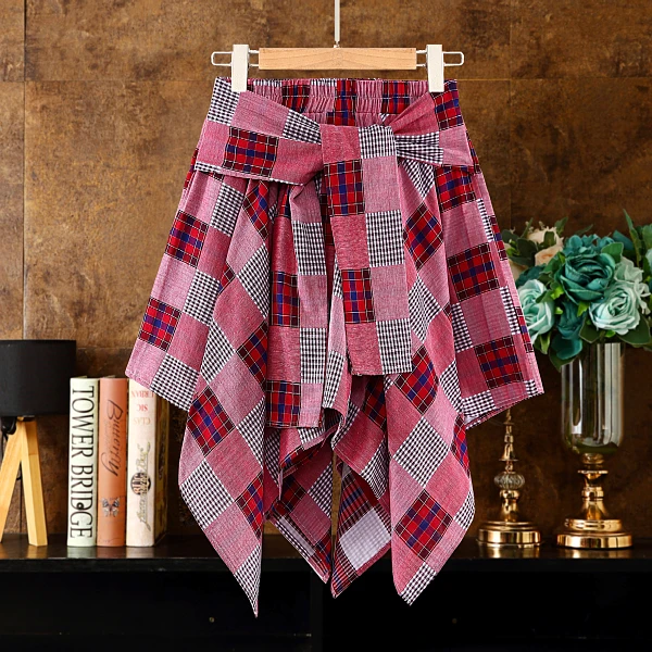 格子短裙夏季新款纯棉时尚复古拼接半身裙衬衫式绑带松紧腰半裙字