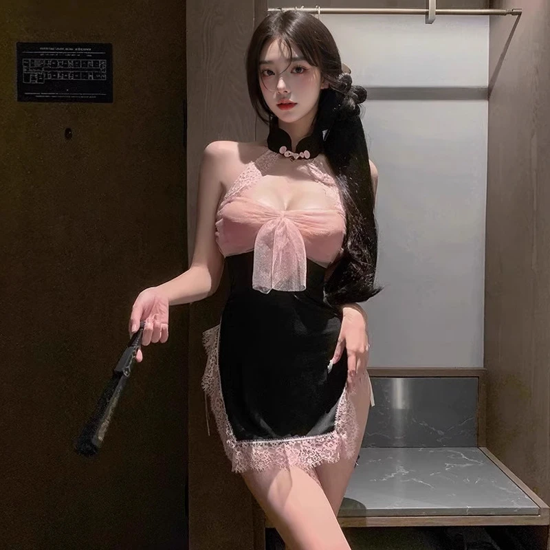 猫猫❤浪漫性感吊带纯欲小胸旗袍诱惑蕾丝睡衣睡裙家居服L33