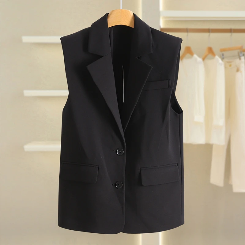 F5157-【力】单排扣开叉百搭黑色西装马甲#VOH57W019D