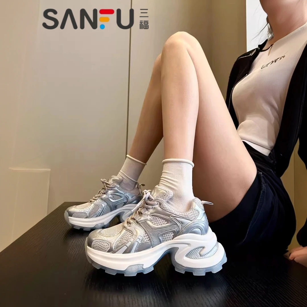 三福轻便网布白色老爹鞋女2025年新款春季厚底显瘦增高休闲运动鞋