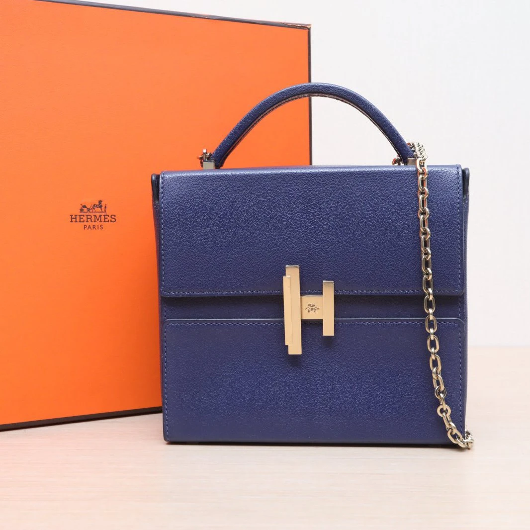 95新 Hermes/爱马仕 小花双双 18 盒子包 水墨蓝 山羊皮 D刻 金扣