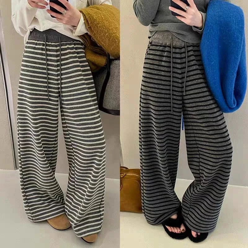 女童裤子新款春秋中大童时髦洋气韩系条纹直筒儿童阔腿裤透气长裤