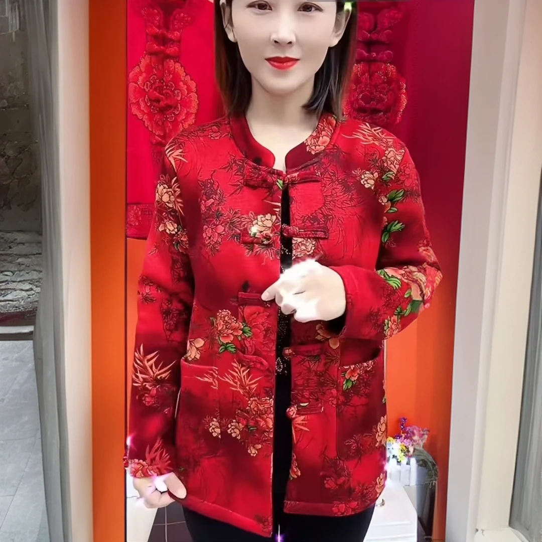 冬季新款时尚加绒国风盘扣妈妈装开衫