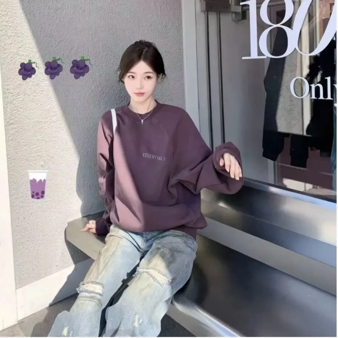 23FW ESSENTIALS 后背大LOGO梅紫色圆领拉绒卫衣