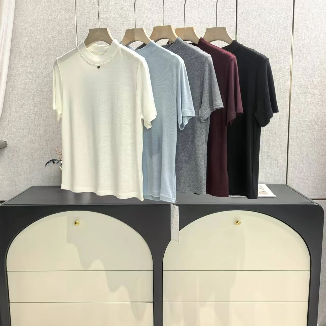 木子家 I  6909【金属扣弹力T】天丝绵羊毛纯色宽领短袖