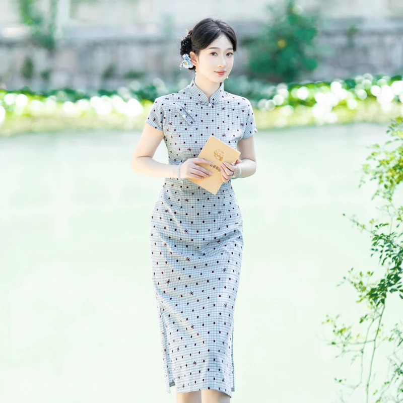 LJQ1076灰蓝色红波点连肩袖短款日常复古俏皮连衣裙春夏小个子