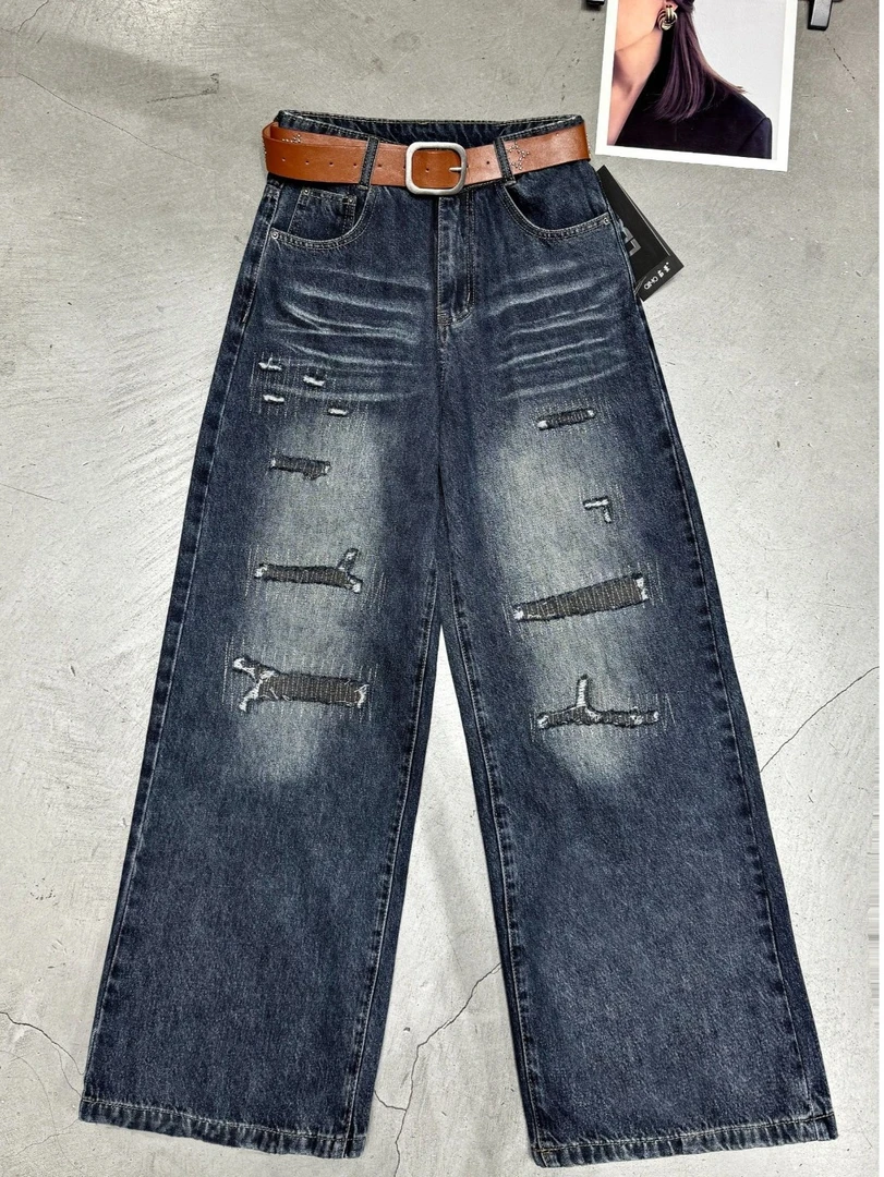 QIMO启茉（特价款A8360#欧韩磨破牛仔裤）灰蓝色