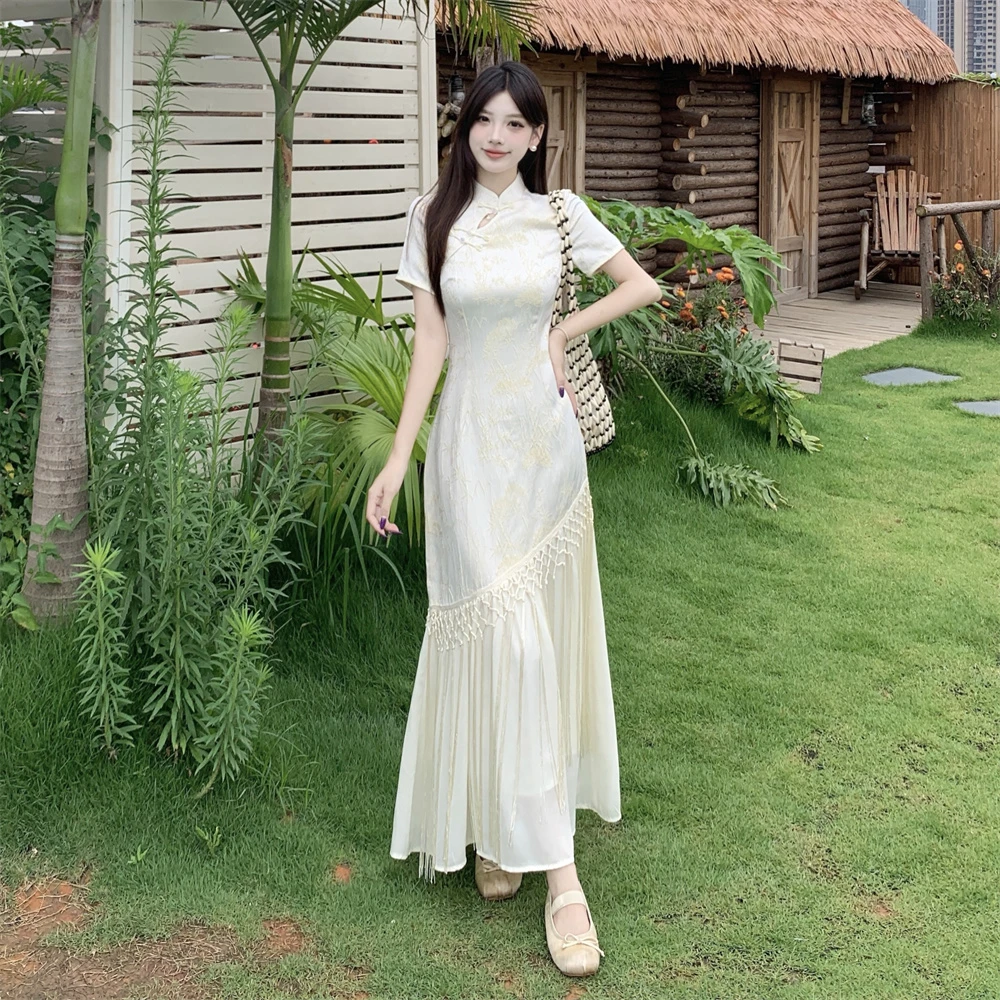 3729 夏季新中式国风盘扣高档提花旗袍设计感修身绝美流苏长裙