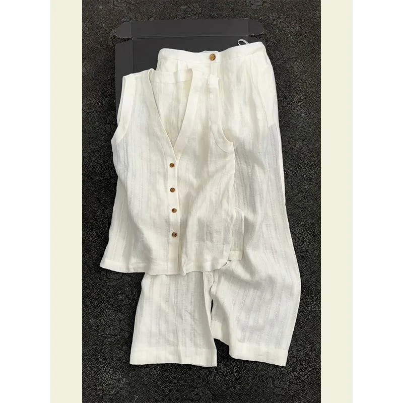 高级松弛感穿搭独特漂亮超好看老钱风白色亚麻马甲裤子套装女夏季