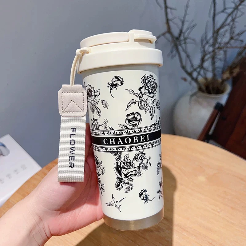 【节日礼物】假日玫瑰保温杯双饮520ML咖啡杯陶瓷内胆红色吸管杯