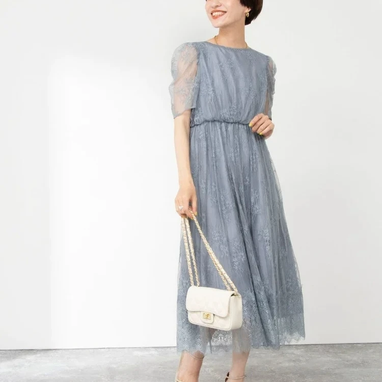 日单贵牌 短袖 高腰优雅精致 睫毛下摆 蕾丝连衣裙53X