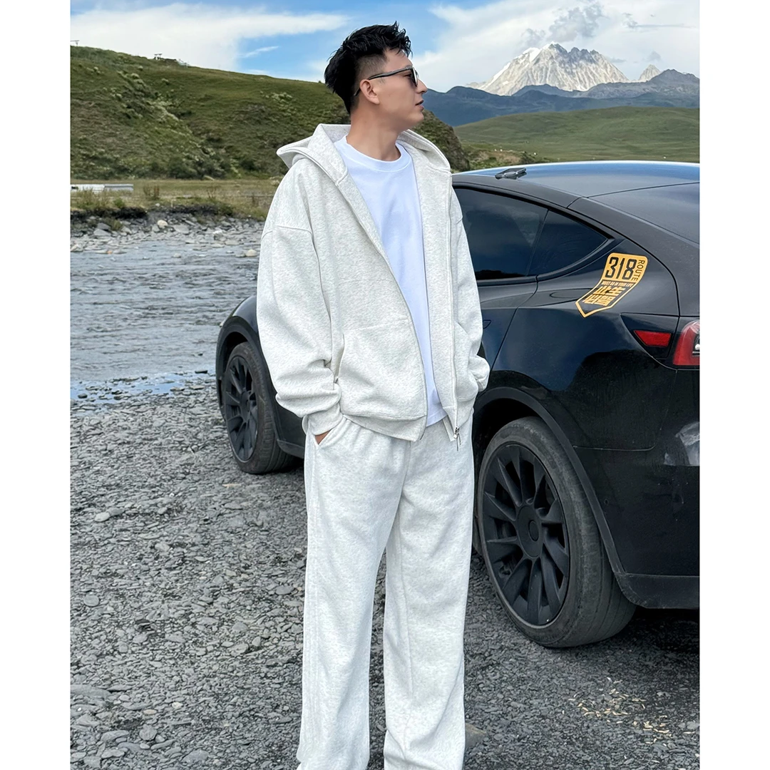LAWUSAN 秋冬重磅开衫卫衣夹克宽松帽衫潮休闲纯色百搭外套男连帽