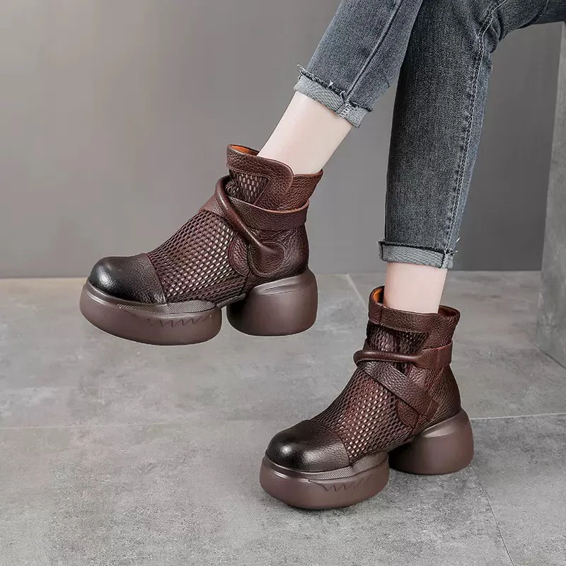 2025春夏新款头层牛皮粗跟镂空短靴复古真皮网面透气增高凉靴