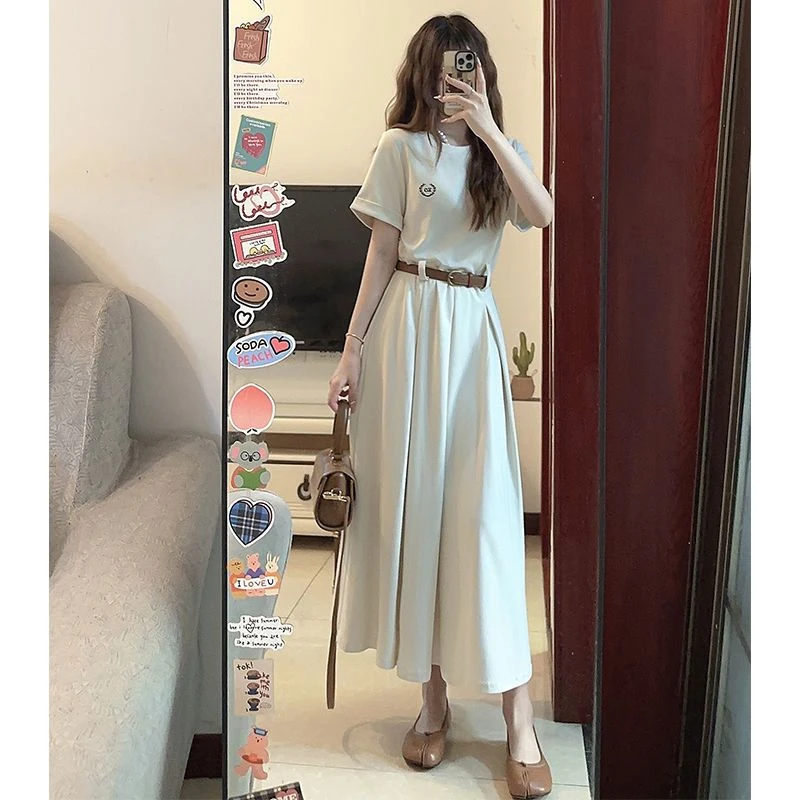 短袖连衣裙女夏2025新款时尚减龄收腰显瘦休闲宽松胖妹妹气质长裙