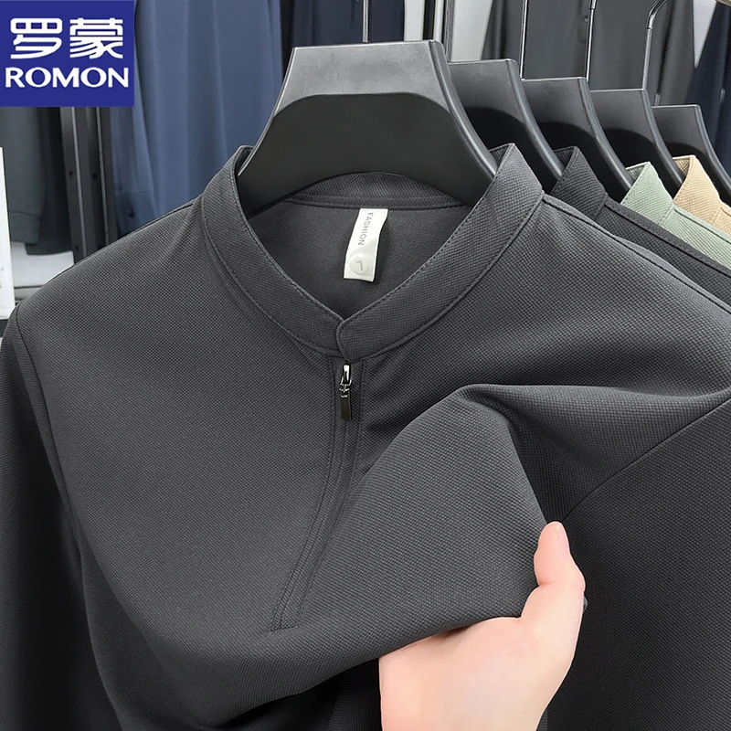 罗蒙男士纯色长袖T恤春秋季商务休闲半拉链立领打底衫时尚男装潮