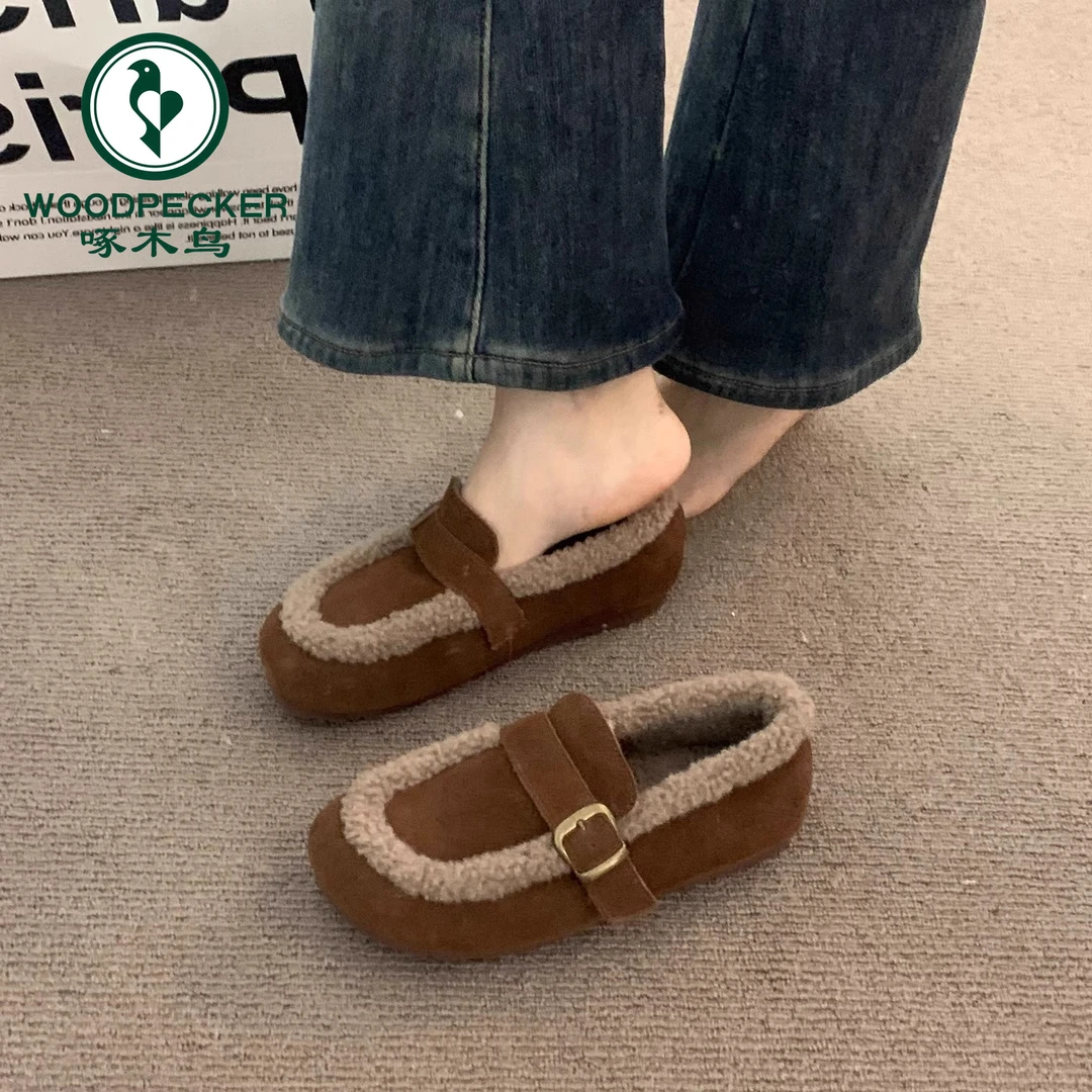 啄木鸟磨砂复古加绒乐福鞋女2025秋冬保暖一脚蹬奶奶软底勃肯棉鞋