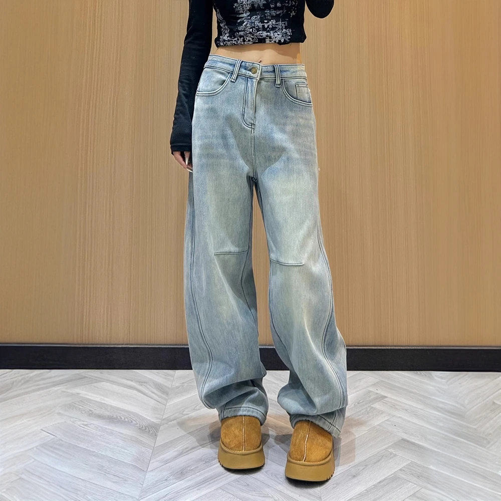 大码女装蓝色窄版弯刀牛仔裤女胖mm春季新款高腰显瘦垂感阔腿裤子