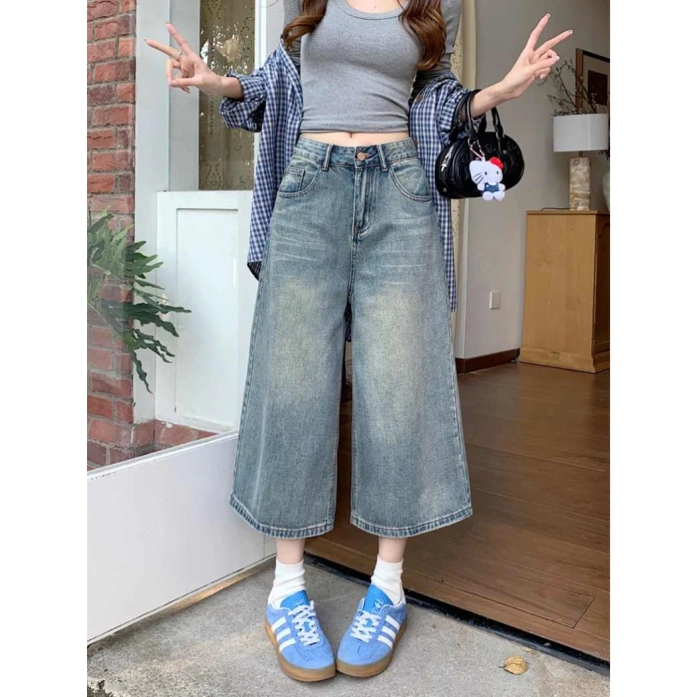 大码美式复古水洗七分牛仔裤女2025春季新款高腰直筒直筒阔腿裤子