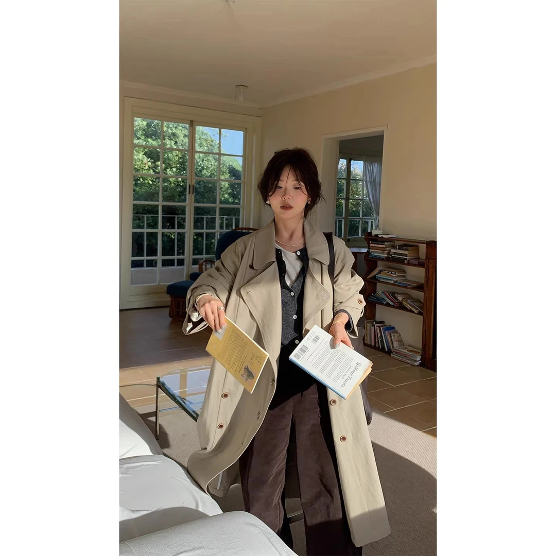 一三良品小个子 韩版宽松卡其色高级感通勤休闲长款风衣外套T5863