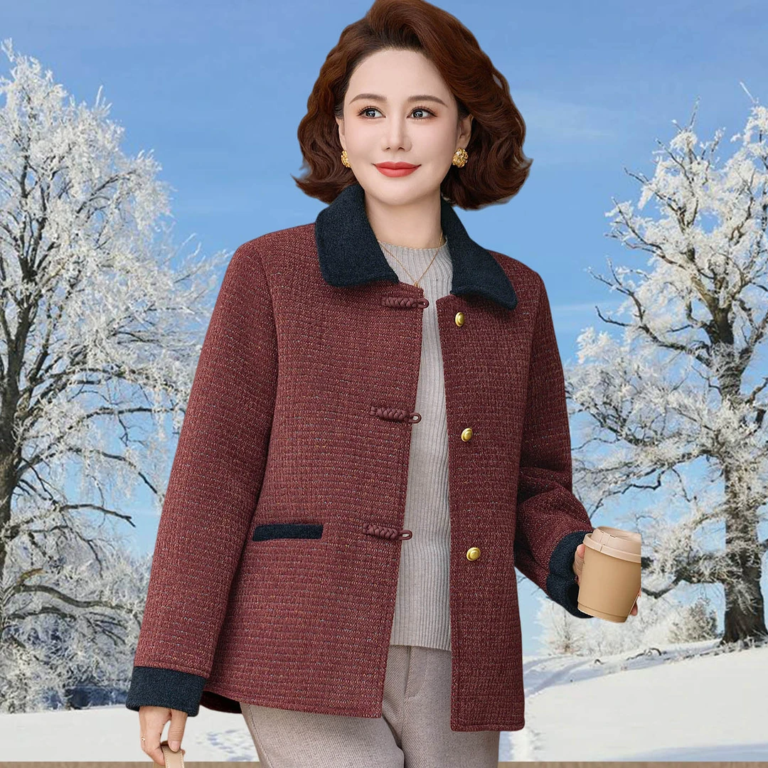 皮尔卡丹妈妈秋冬装加绒加厚毛呢外套2025新款中老年人洋气呢子大