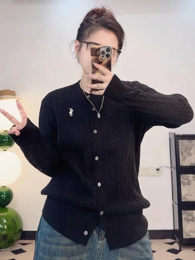 058#小马刺绣老钱风针织开衫外套女春秋新款白色麻花毛衣外搭上衣