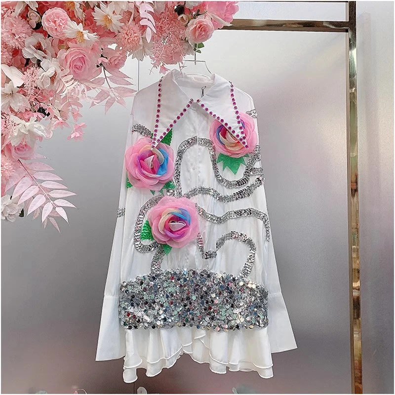 QD1190欧美设计师2025早春新款重工亮片立体花尖领衬衫连衣裙女