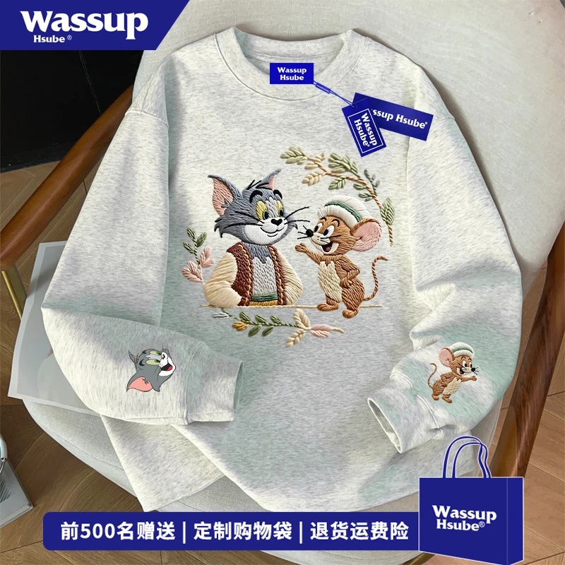 WASSUP HSUBE秋季宽松情侣上衣男女美式卡通猫和老鼠印花长袖T恤
