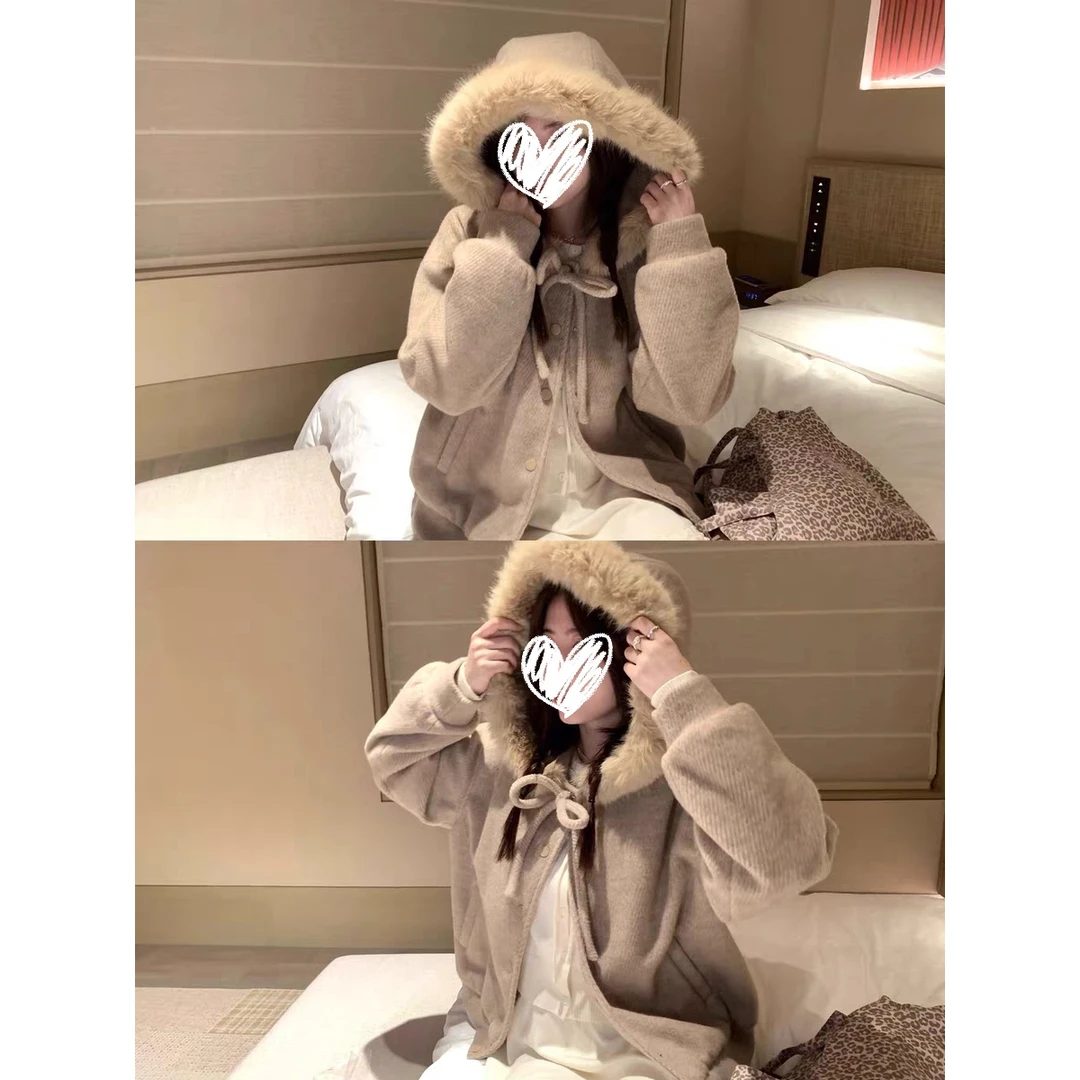 燕麦暖绒 连帽毛呢外套冬季加厚保暖系带学院风宽松单排扣大衣女